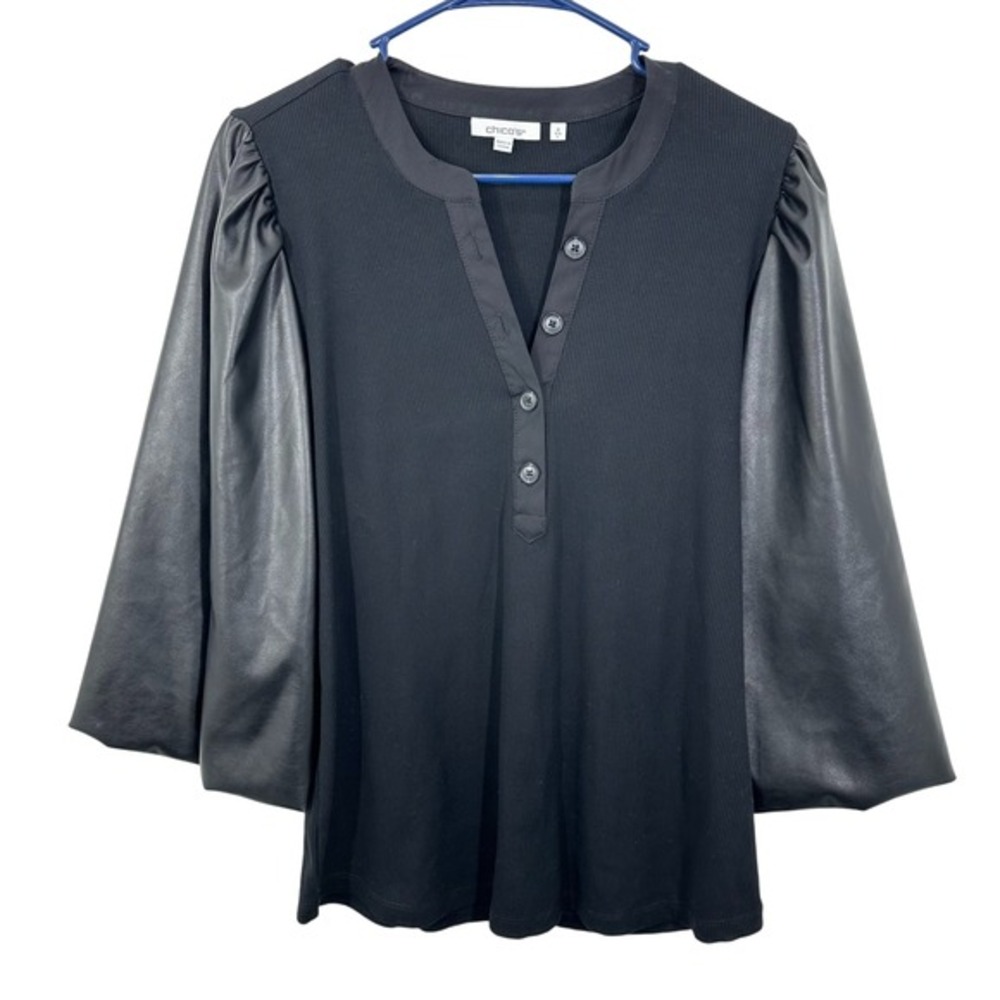 Chico's‎ Black Ribbed Henley Top Faux Leather Balloon Sleeve Mixed Media